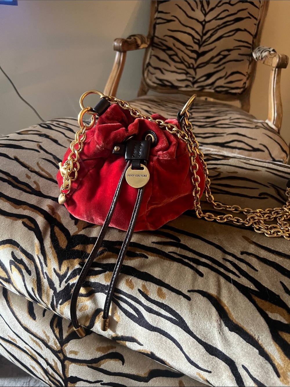 Vintage Y2K Juicy Couture Red Velvet Mini Drawstring Bag with Gold Chain